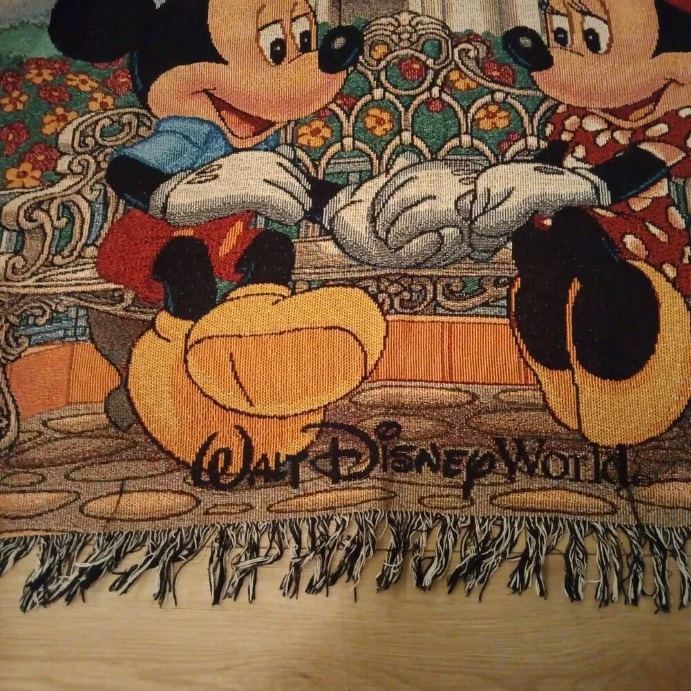 Vintage Walt Disney World Mickey Minnie Mouse Woven Tapestry Blanket 50x60